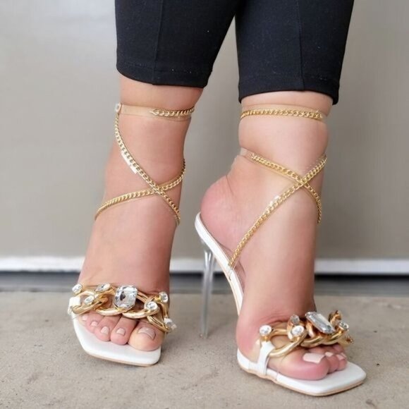 Shoes - Elegant White Strappy Sandals Rhinestone Chain Open Square Toe Ankle Strap